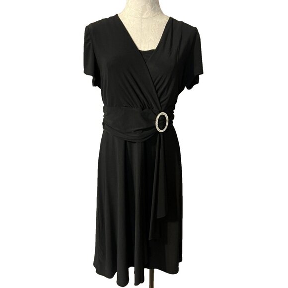 R&M Richards Black Dress 14 Short Sleeve Crystal A Line Stretch Cruise Party NEW - Picture 2 of 7